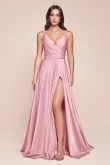 CD 7485 - Satin A-Line Prom Gown with Gathered Sweetheart Neckline & Leg Slit
