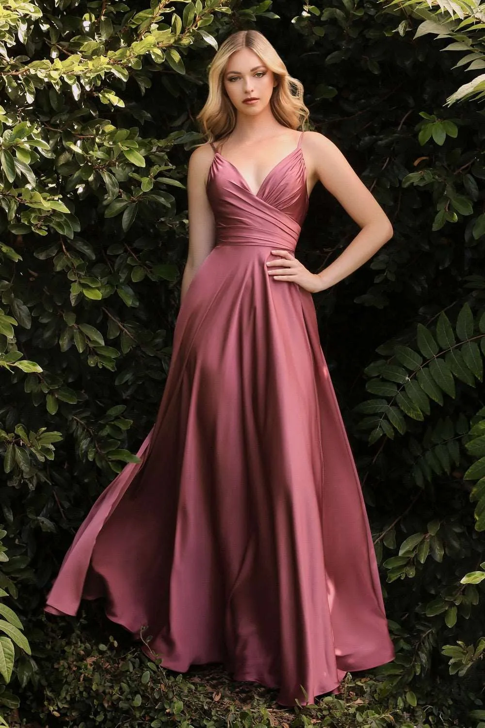 CD 7485 - Satin A-Line Prom Gown with Gathered Sweetheart Neckline & Leg Slit