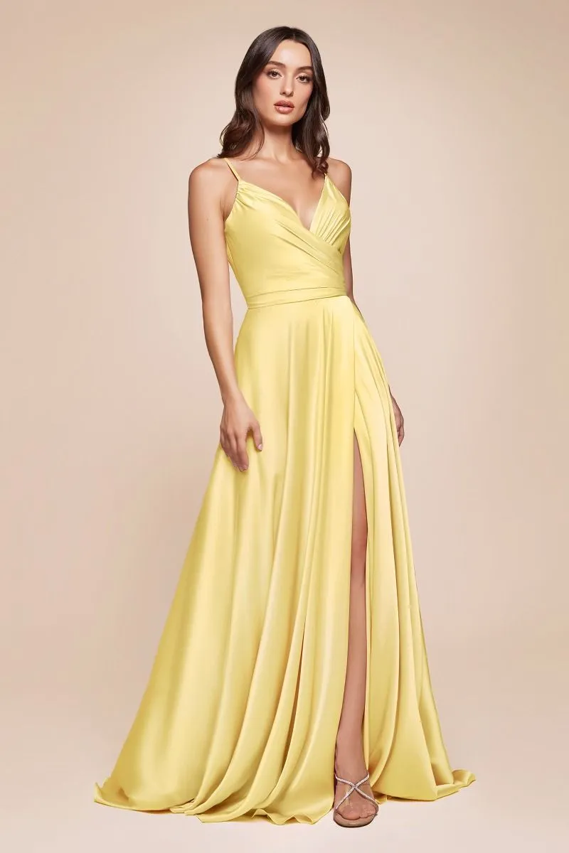 CD 7485 - Satin A-Line Prom Gown with Gathered Sweetheart Neckline & Leg Slit