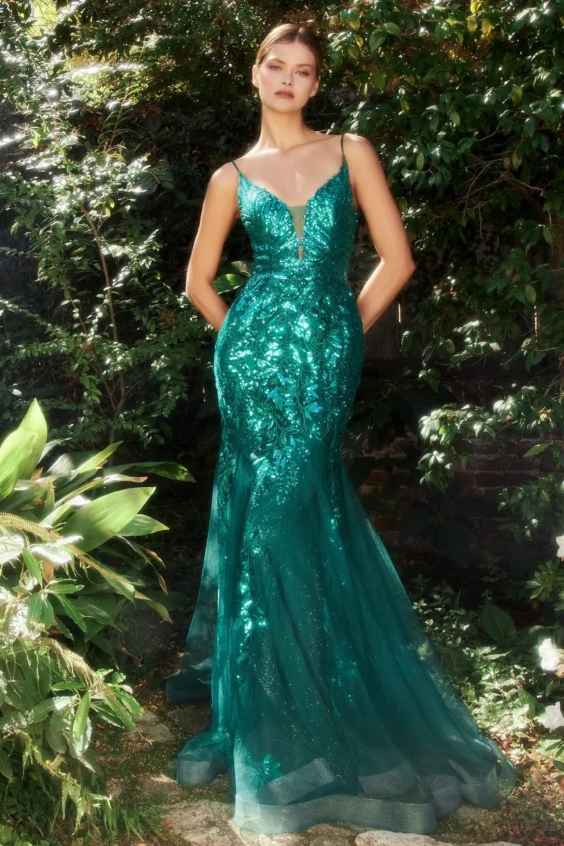 CD A1118 - Sequin Print Tulle Mermaid Prom Gown with Sheer Plunging Neckline & Low Open Back