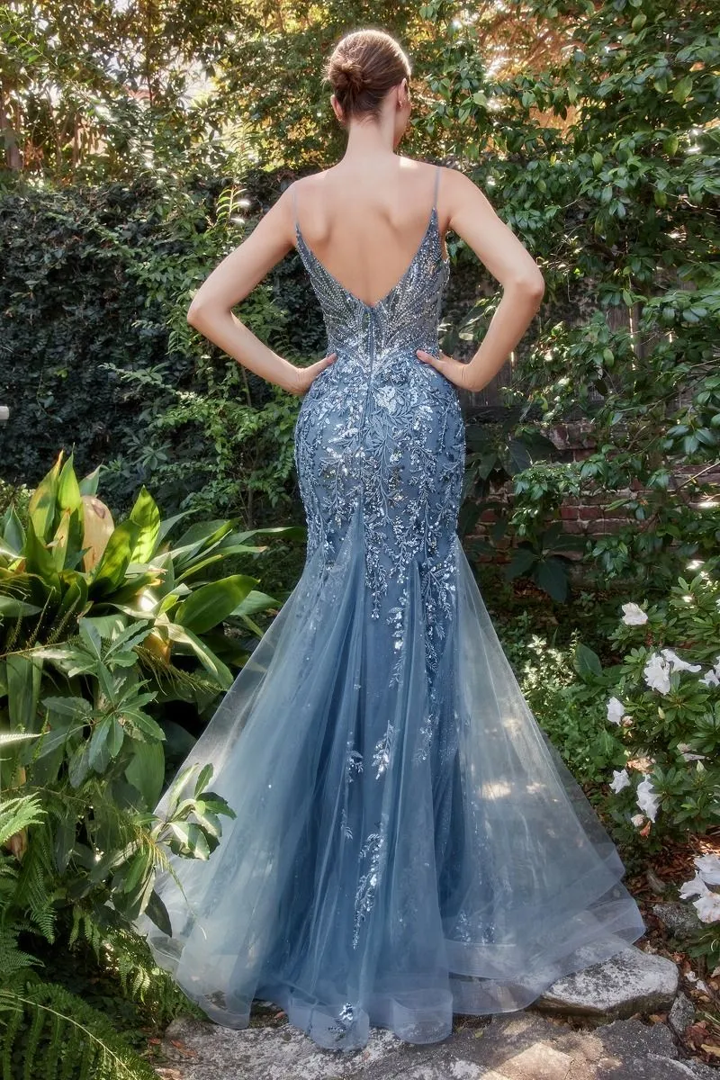 CD A1118 - Sequin Print Tulle Mermaid Prom Gown with Sheer Plunging Neckline & Low Open Back