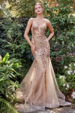 CD A1118 - Sequin Print Tulle Mermaid Prom Gown with Sheer Plunging Neckline & Low Open Back