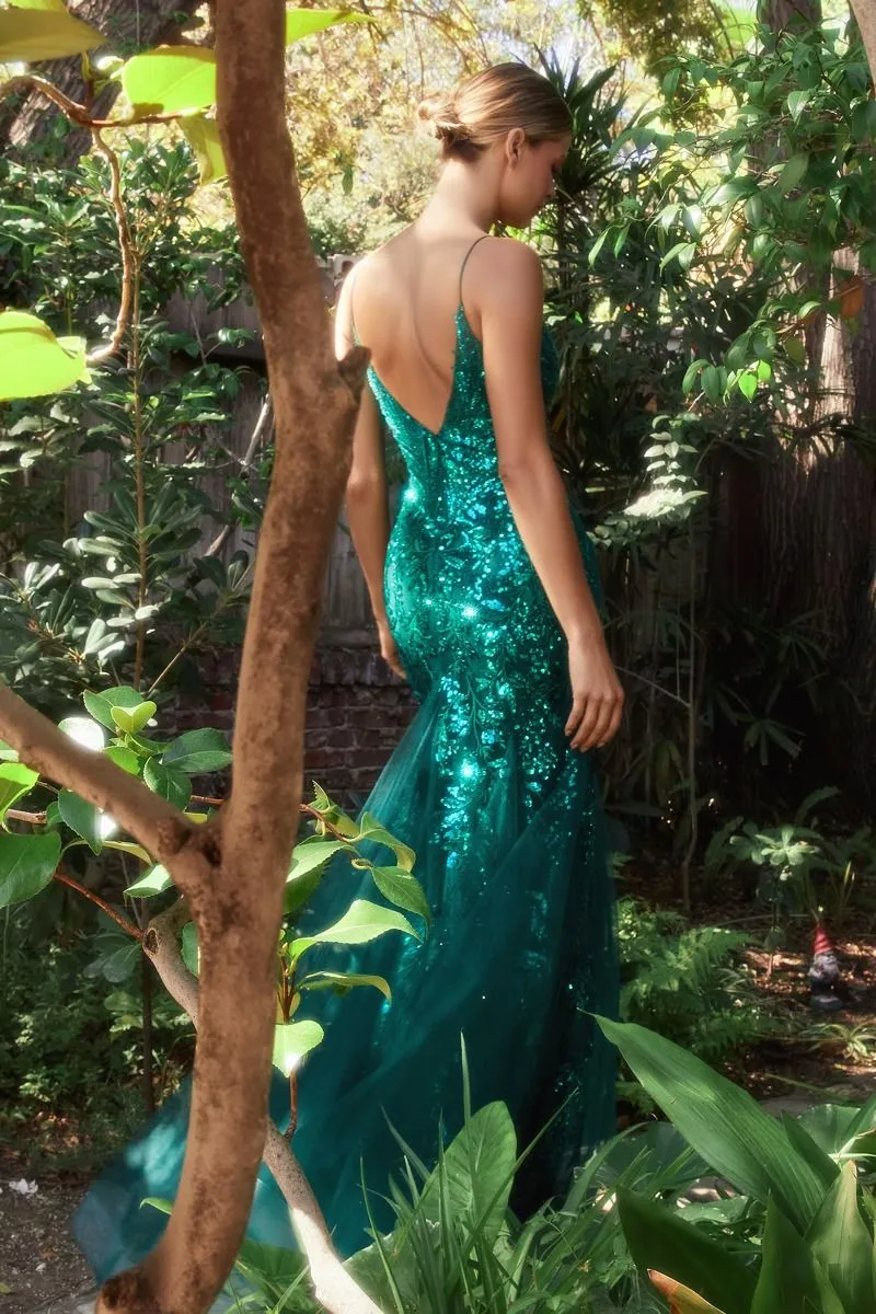 CD A1118 - Sequin Print Tulle Mermaid Prom Gown with Sheer Plunging Neckline & Low Open Back