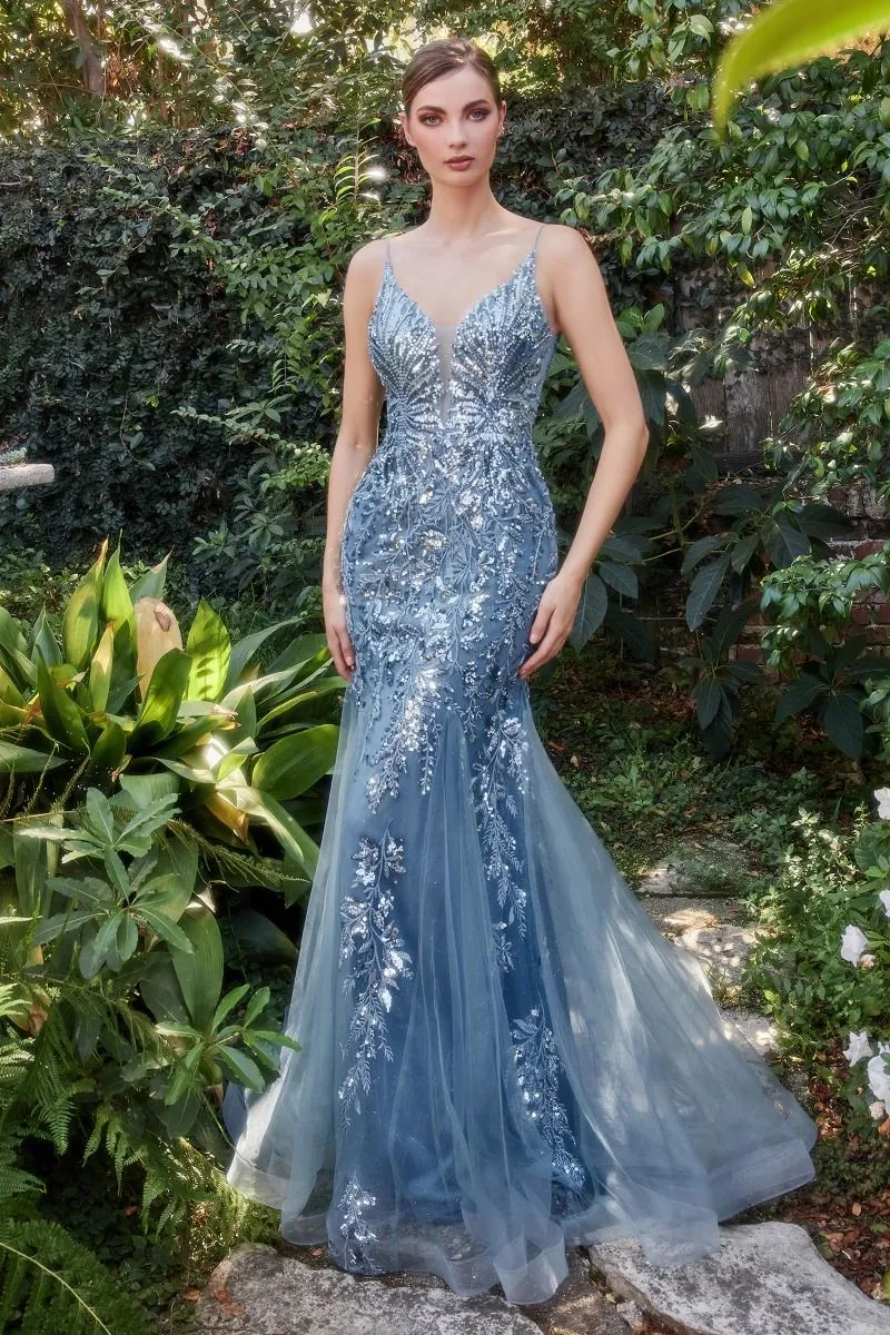 CD A1118 - Sequin Print Tulle Mermaid Prom Gown with Sheer Plunging Neckline & Low Open Back