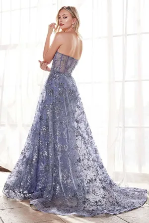 CD CB046 - Strapless Glitter Print Fit & Flare Prom Gown Boned Corset Bodice
