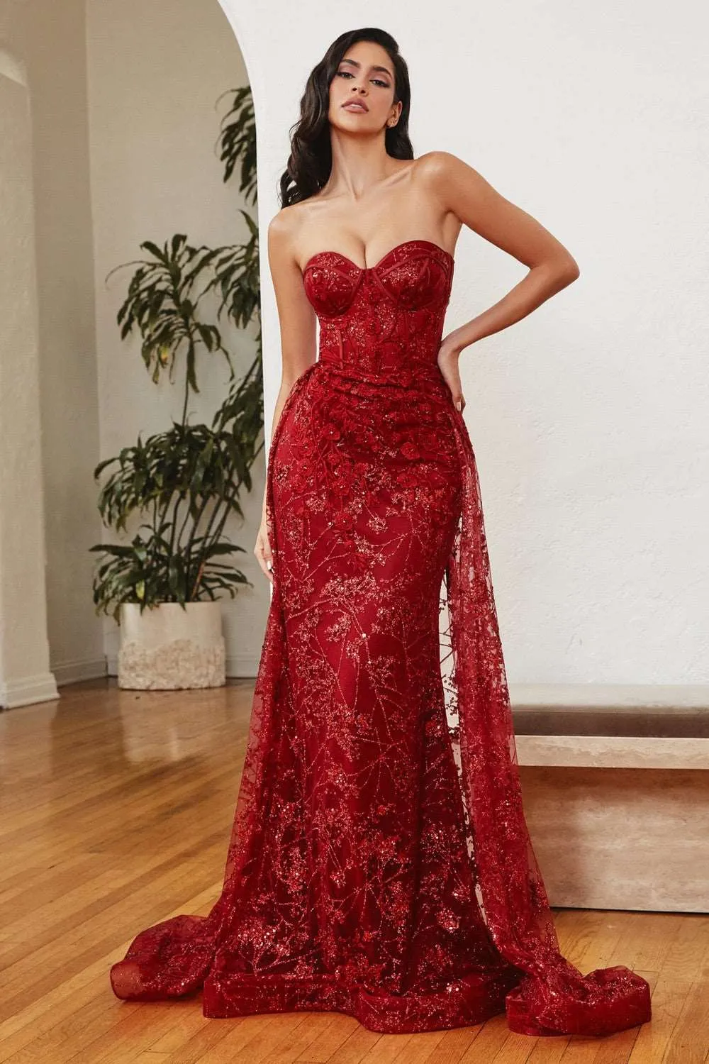 CD CB046 - Strapless Glitter Print Fit & Flare Prom Gown Boned Corset Bodice
