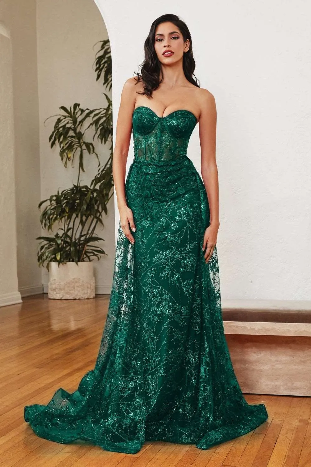 CD CB046 - Strapless Glitter Print Fit & Flare Prom Gown Boned Corset Bodice