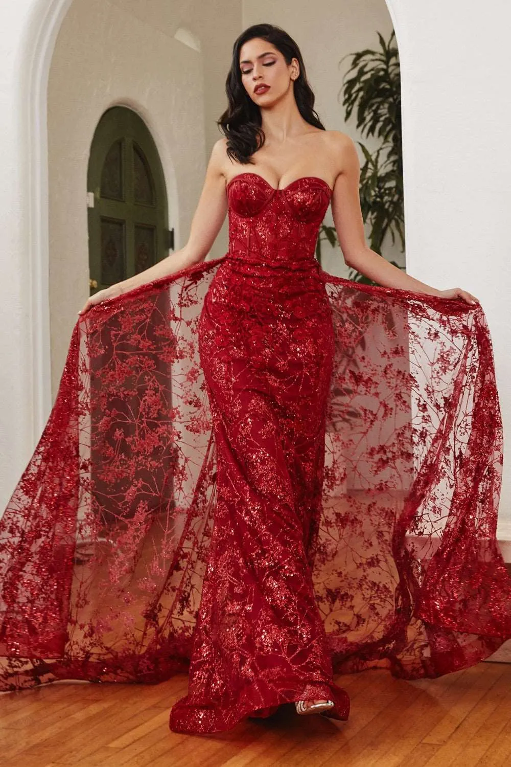 CD CB046 - Strapless Glitter Print Fit & Flare Prom Gown Boned Corset Bodice