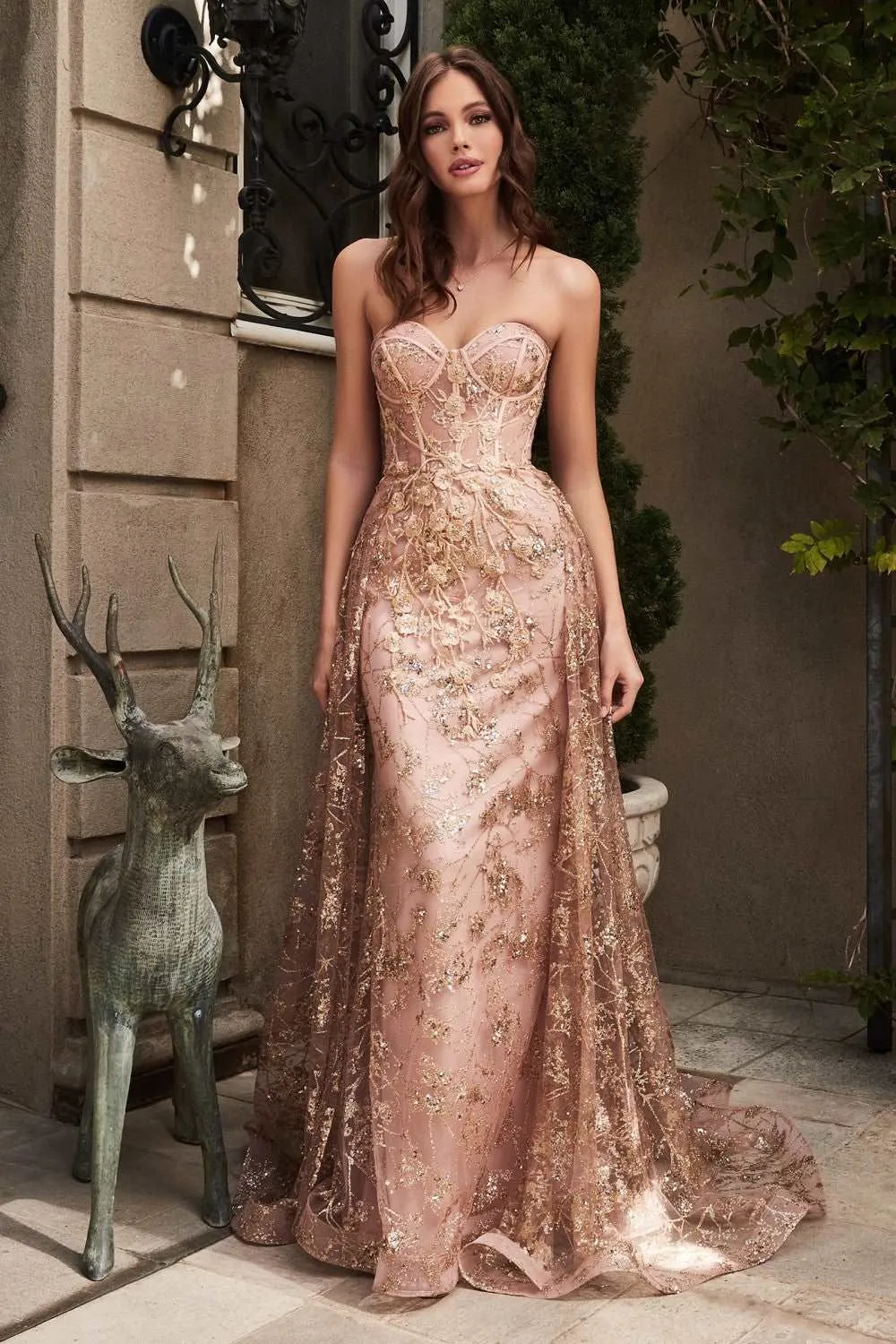 CD CB046 - Strapless Glitter Print Fit & Flare Prom Gown Boned Corset Bodice