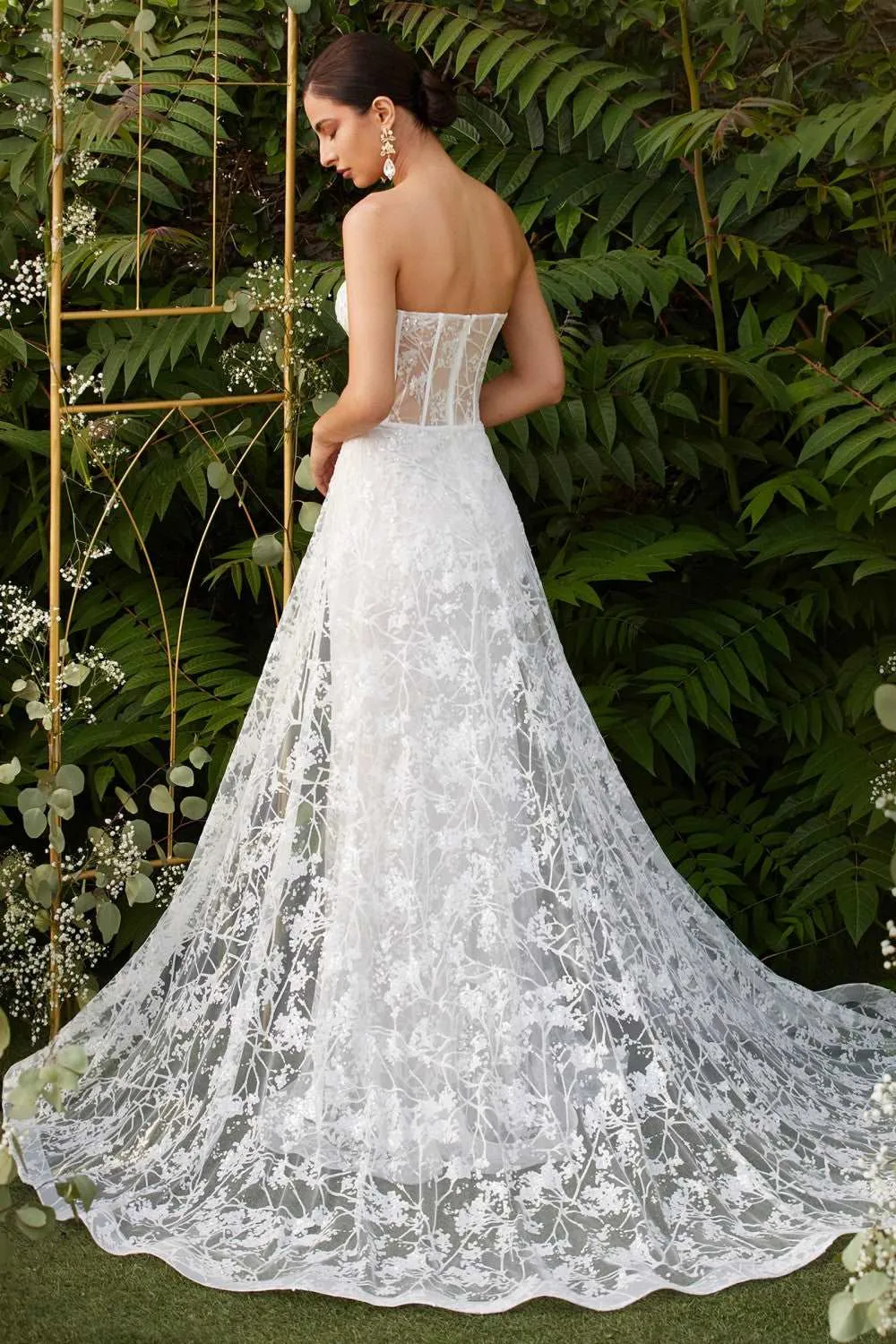 CD CB046W - Strapless Glittery Lace Fit & Flare Wedding Gown Floral Embellished with Sheer Pronounced Boning Bodice & Sweetheart Neck