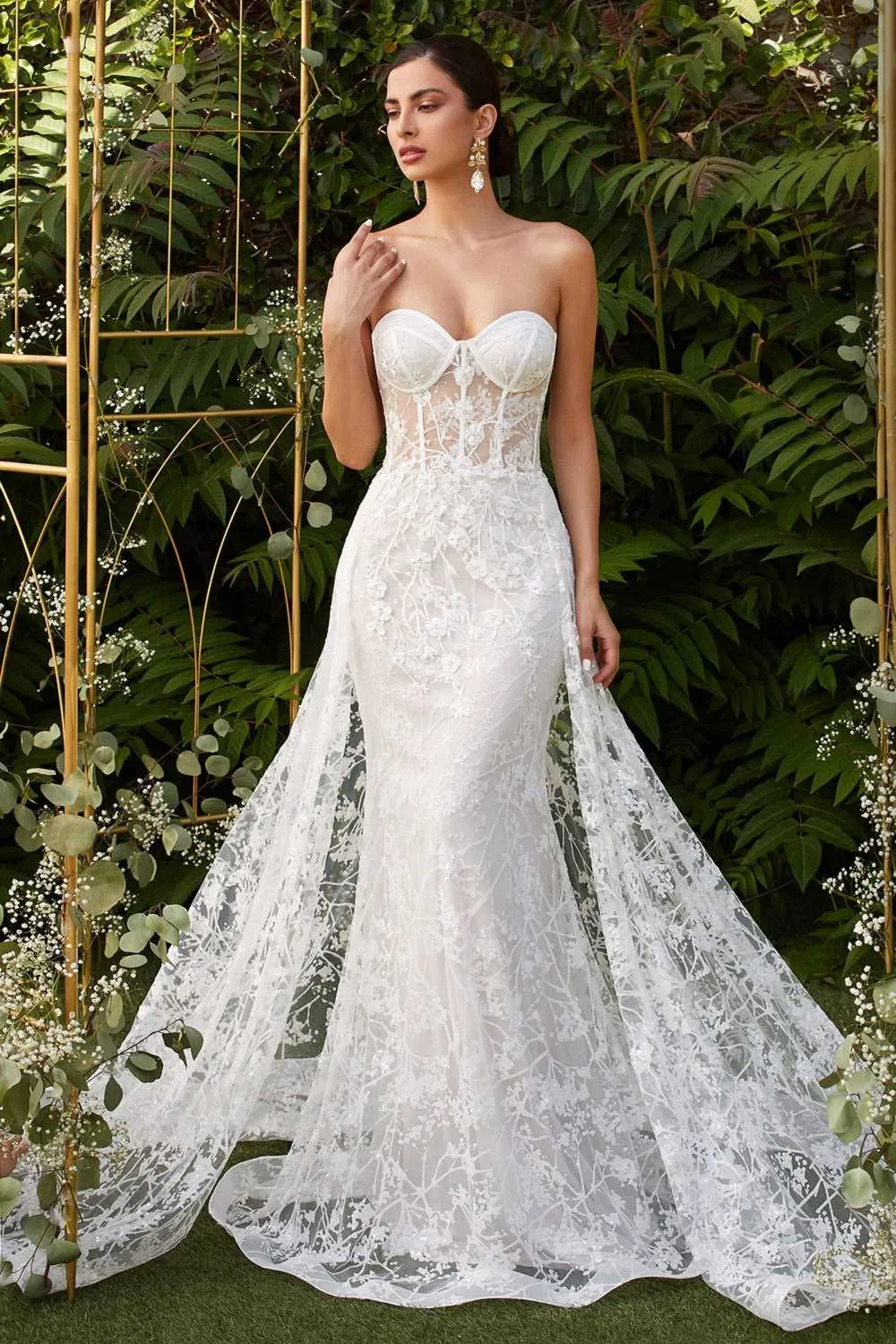 CD CB046W - Strapless Glittery Lace Fit & Flare Wedding Gown Floral Embellished with Sheer Pronounced Boning Bodice & Sweetheart Neck