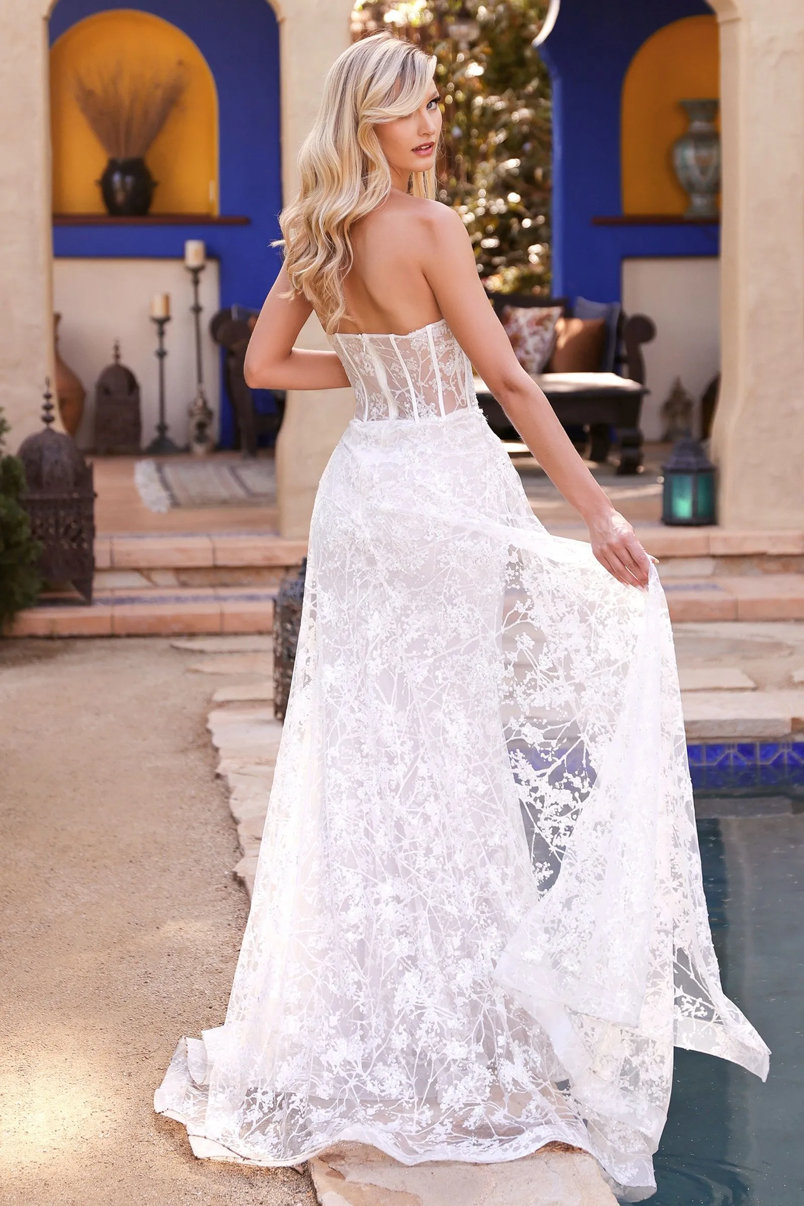 CD CB046W - Strapless Glittery Lace Fit & Flare Wedding Gown Floral Embellished with Sheer Pronounced Boning Bodice & Sweetheart Neck