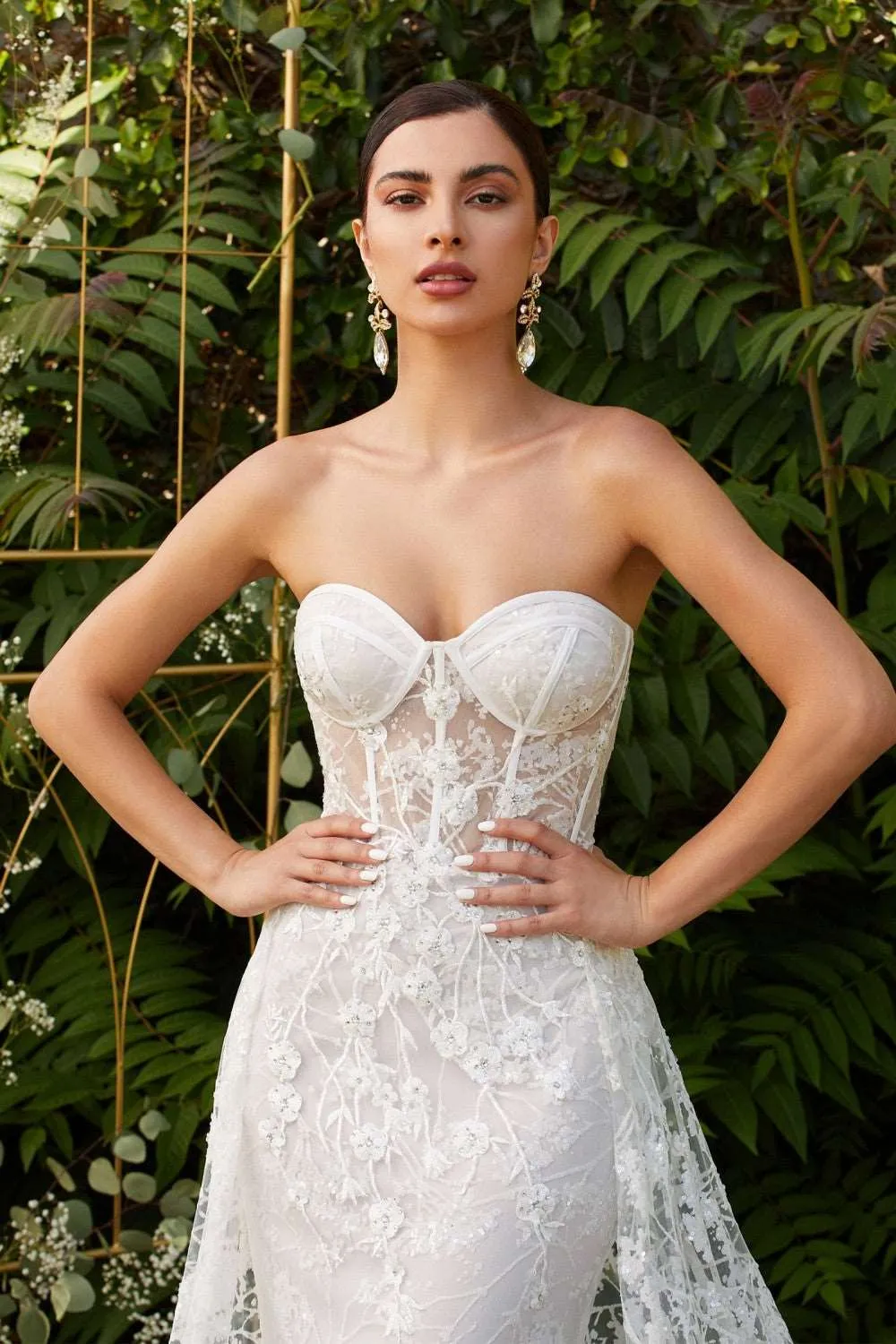CD CB046W - Strapless Glittery Lace Fit & Flare Wedding Gown Floral Embellished with Sheer Pronounced Boning Bodice & Sweetheart Neck