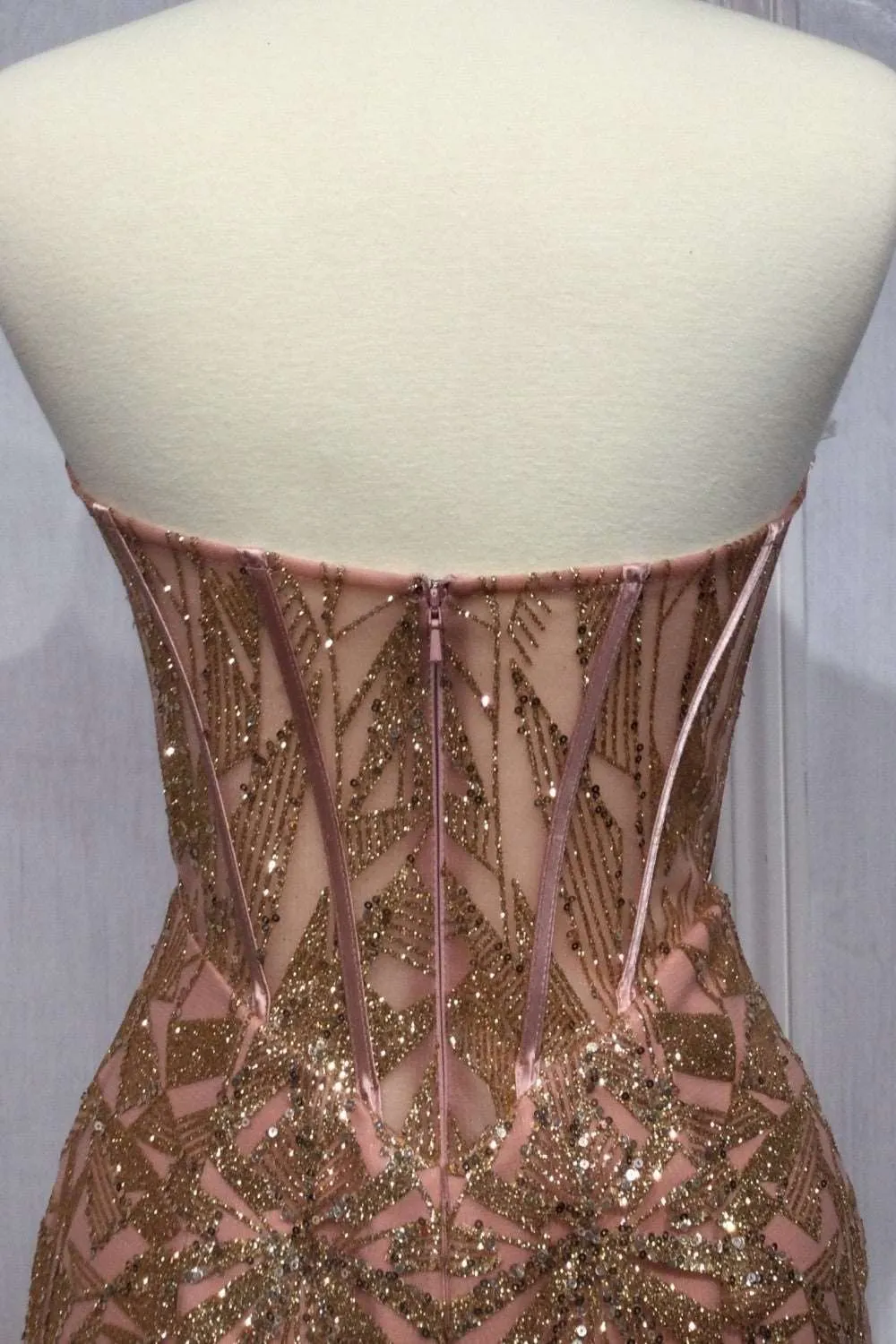 CD CB116 - Strapless Glitter Print Fit & Flare Prom Gown with Sheer Boned Bodice