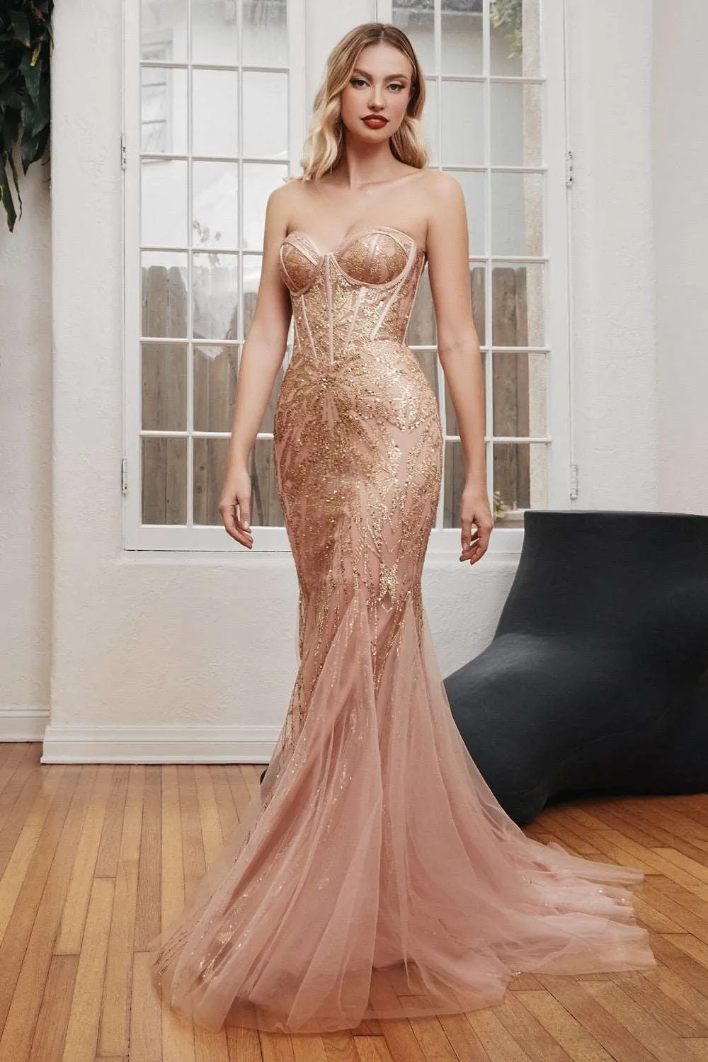 CD CB116 - Strapless Glitter Print Fit & Flare Prom Gown with Sheer Boned Bodice