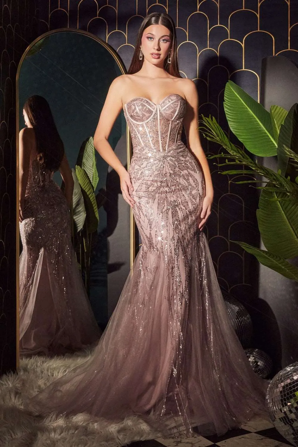 CD CB116 - Strapless Glitter Print Fit & Flare Prom Gown with Sheer Boned Bodice
