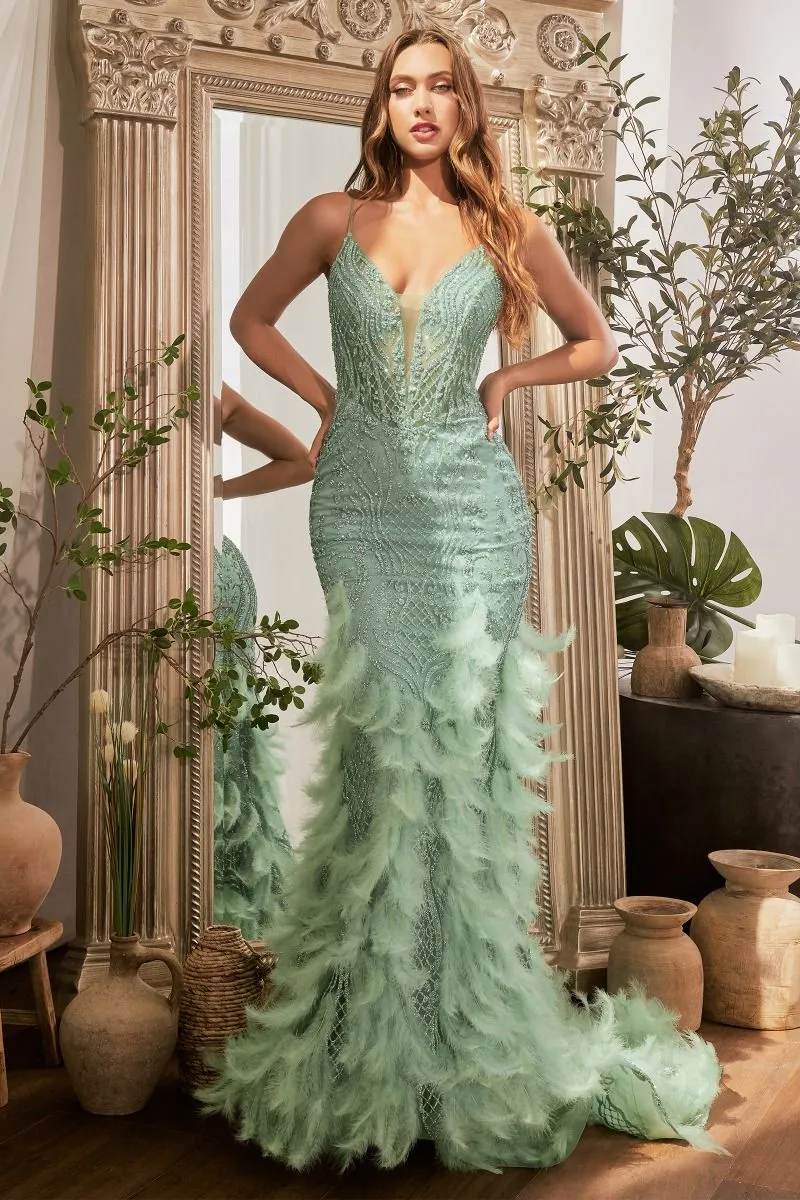 CD CC1608 - Glitter Patterned Fit & Flare Prom Gown with Plunging V-Neck Open Lace Up Corset Back & Feather Detailed Skirt