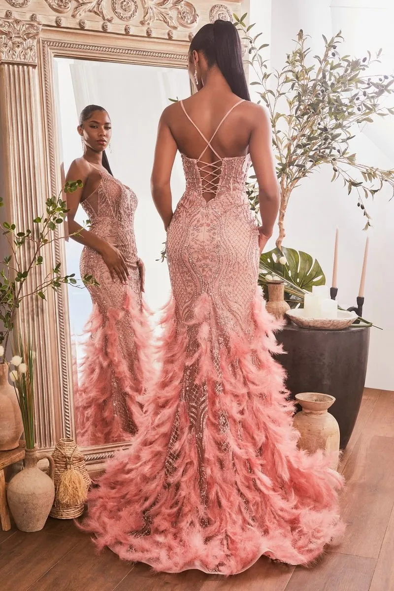 CD CC1608 - Glitter Patterned Fit & Flare Prom Gown with Plunging V-Neck Open Lace Up Corset Back & Feather Detailed Skirt