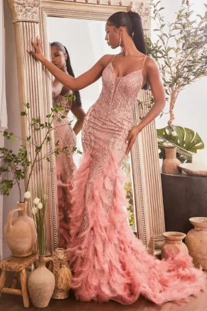 CD CC1608 - Glitter Patterned Fit & Flare Prom Gown with Plunging V-Neck Open Lace Up Corset Back & Feather Detailed Skirt