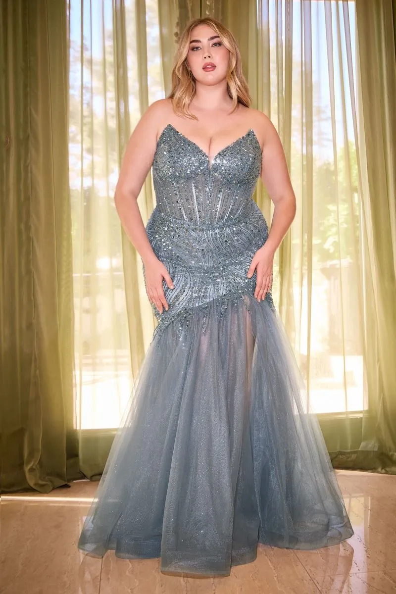 CD CD0214C - Plus Size Strapless Beaded Mermaid Prom Gown with Sheer Boned Corset Bodice & Leg Slit