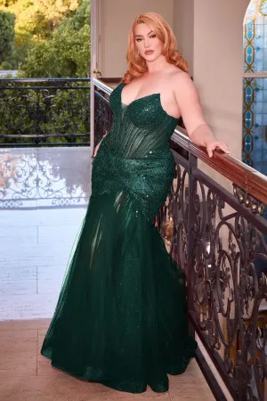 CD CD0214C - Plus Size Strapless Beaded Mermaid Prom Gown with Sheer Boned Corset Bodice & Leg Slit