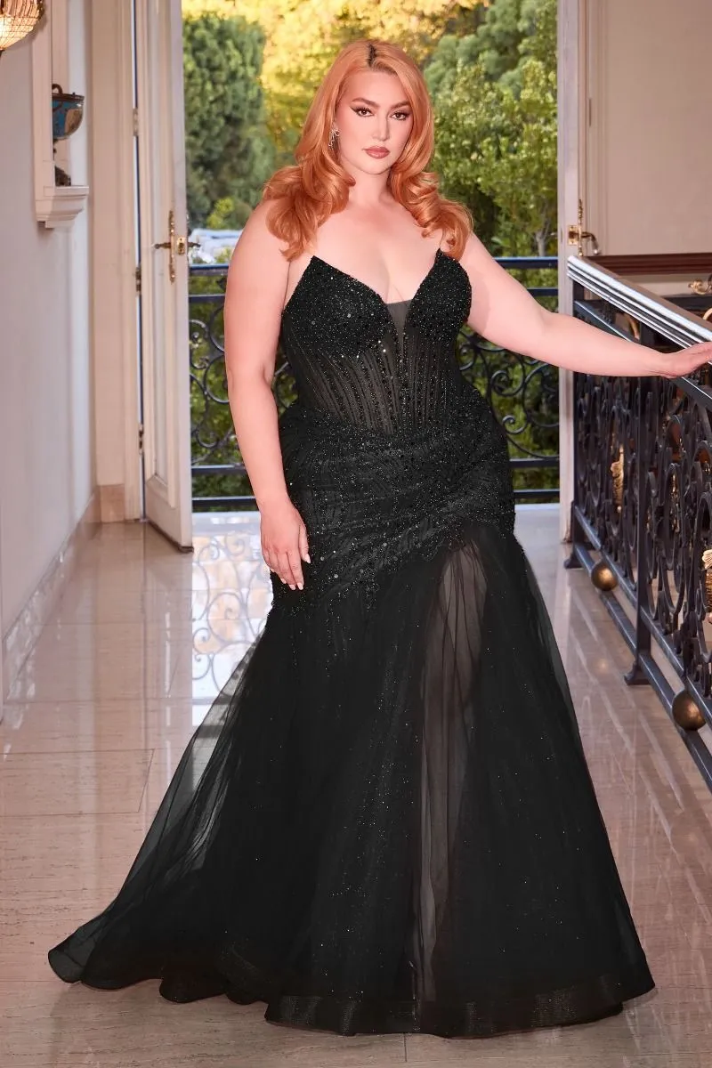 CD CD0214C - Plus Size Strapless Beaded Mermaid Prom Gown with Sheer Boned Corset Bodice & Leg Slit