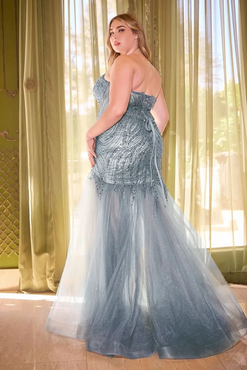 CD CD0214C - Plus Size Strapless Beaded Mermaid Prom Gown with Sheer Boned Corset Bodice & Leg Slit