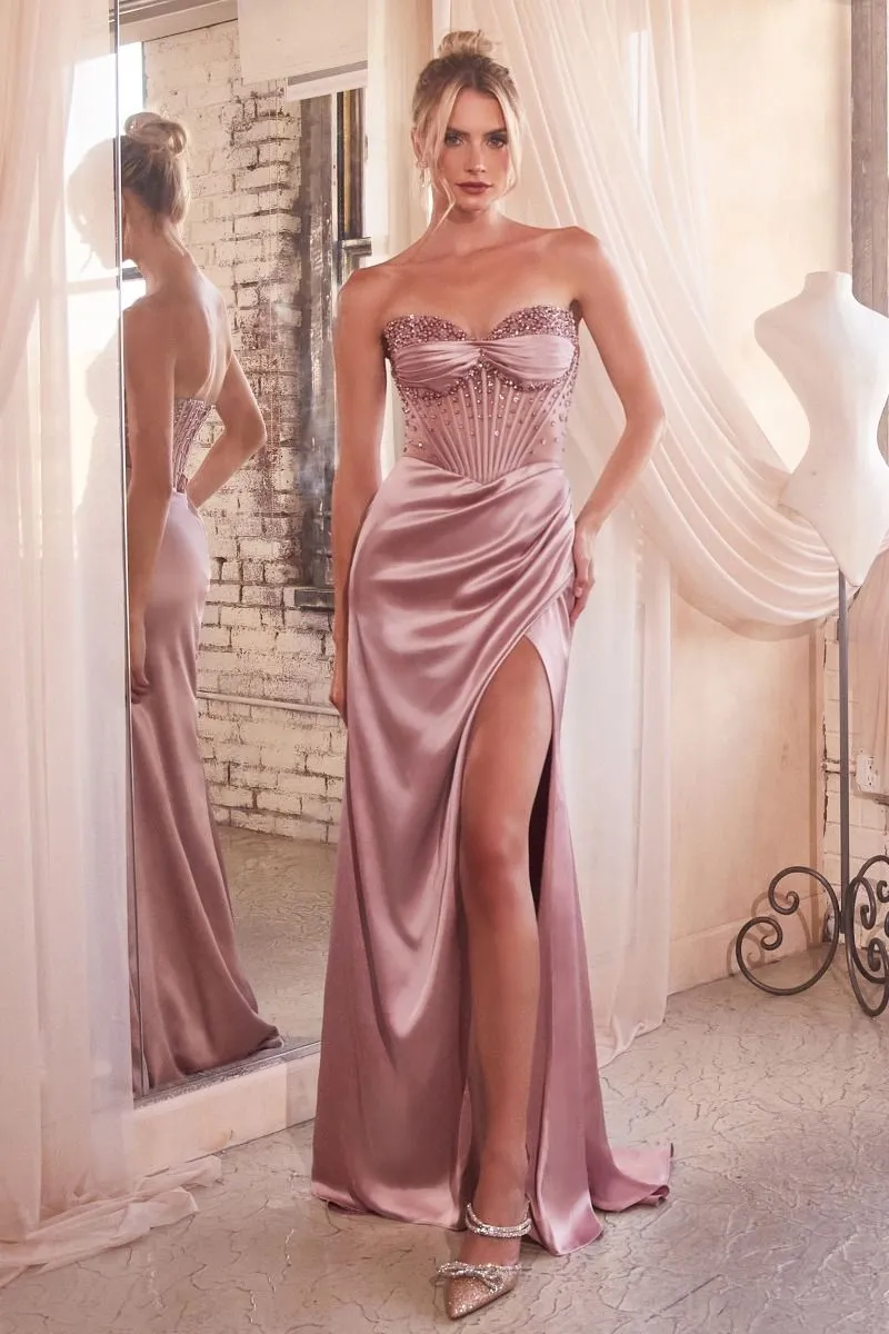 CD CD295 - Strapless Stretch Satin Fit & Flare Prom Gown with Sheer Bead Embellished Boned corset Bodice Leg Slit & Open Lace Up Back