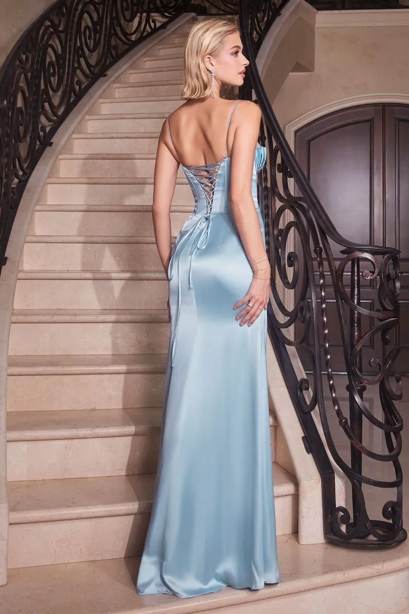 CD CD306 - Stretch Satin Fit & Flare Prom Gown with Embellished Corset Bodice Lace Up Back & Leg Slit