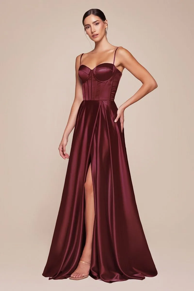 CD CD337 - Satin A-Line Prom Gown with Boned Corset Bodice & Leg Slit