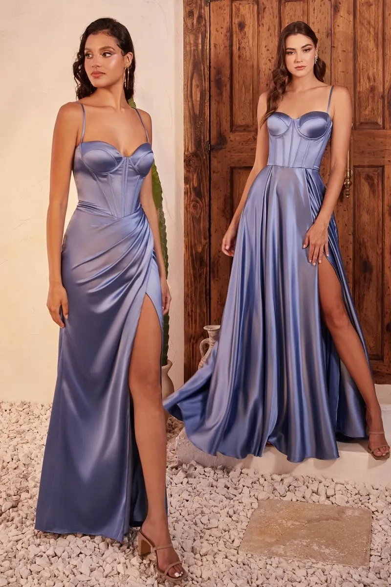 CD CD337 - Satin A-Line Prom Gown with Boned Corset Bodice & Leg Slit