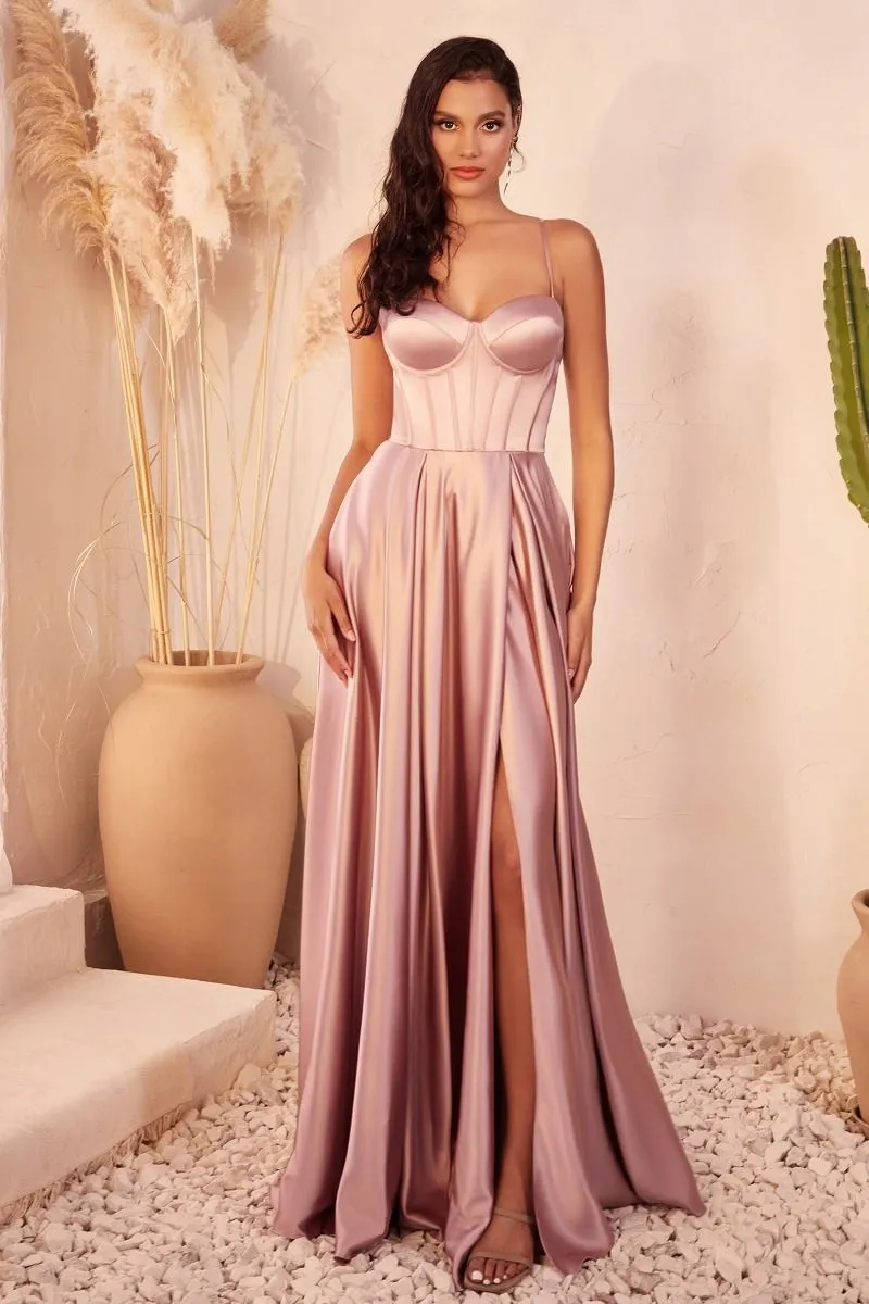 CD CD337 - Satin A-Line Prom Gown with Boned Corset Bodice & Leg Slit