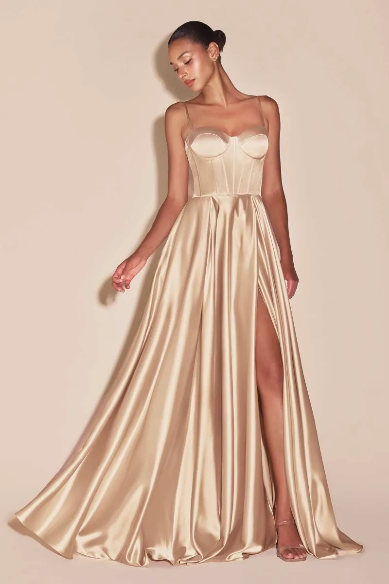 CD CD337 - Satin A-Line Prom Gown with Boned Corset Bodice & Leg Slit