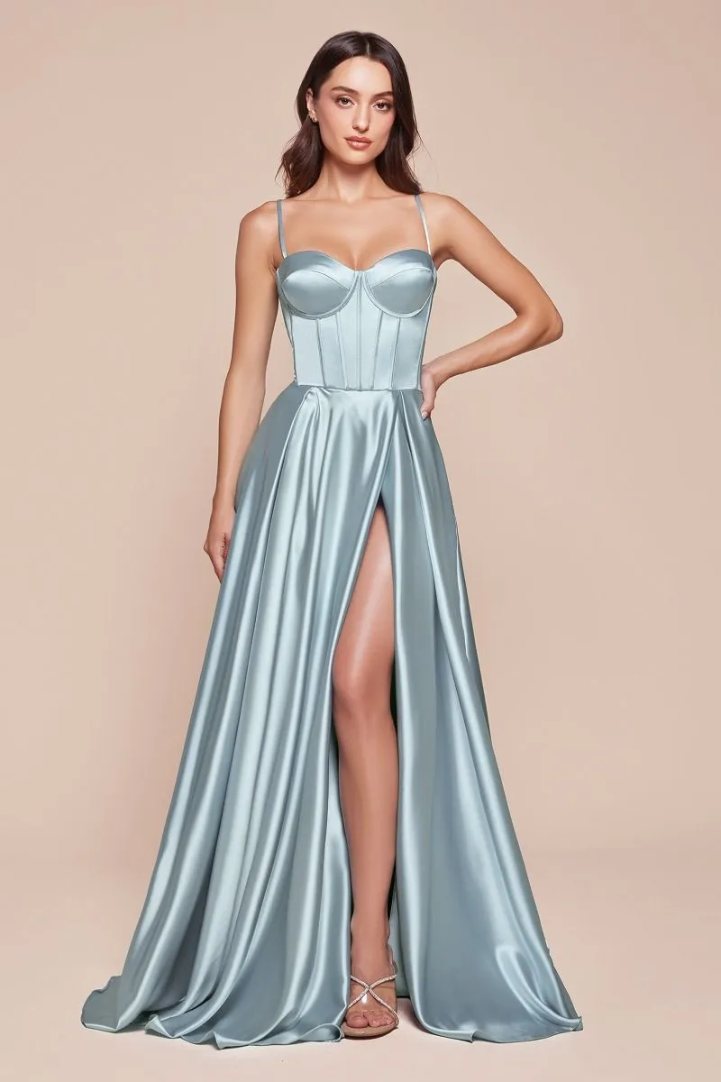 CD CD337 - Satin A-Line Prom Gown with Boned Corset Bodice & Leg Slit