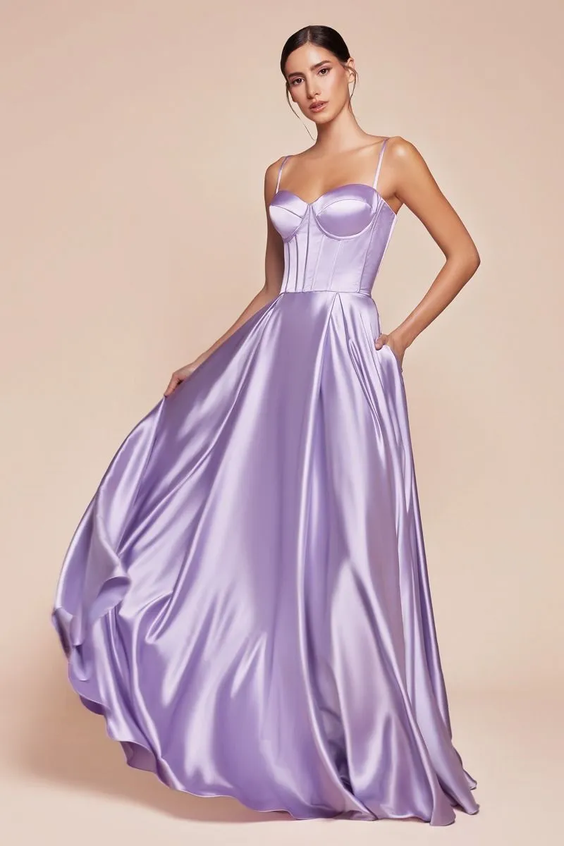 CD CD337 - Satin A-Line Prom Gown with Boned Corset Bodice & Leg Slit