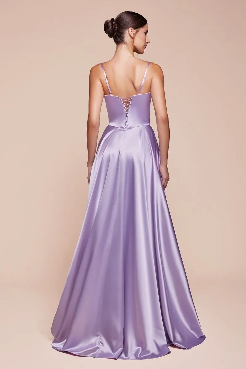 CD CD337 - Satin A-Line Prom Gown with Boned Corset Bodice & Leg Slit