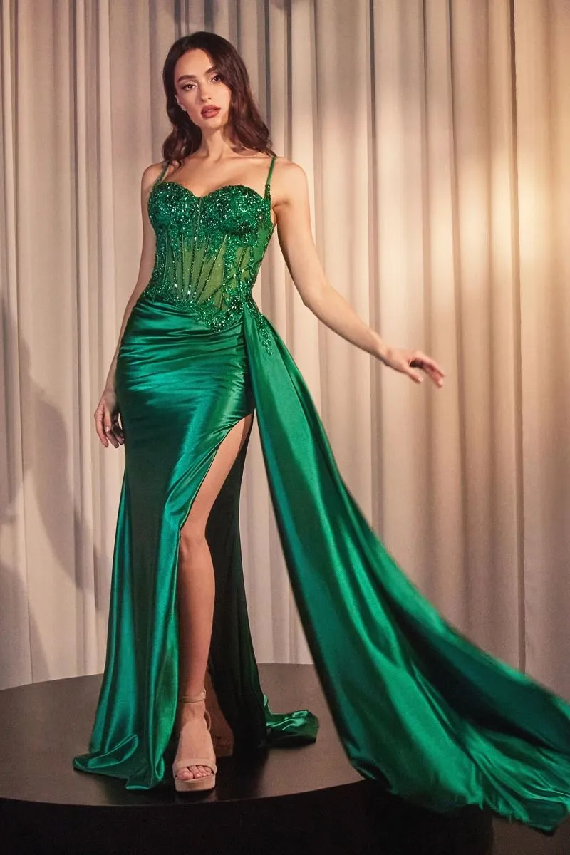 CD CD868- Stretch Satin Fit & Flare Prom Gown with Sheer Beaded Lace Embellished Corset Bodice Side Sash & Leg Slit