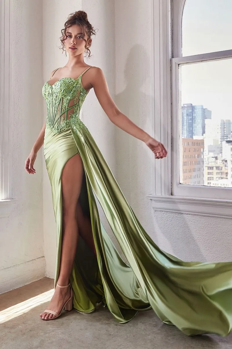 CD CD868- Stretch Satin Fit & Flare Prom Gown with Sheer Beaded Lace Embellished Corset Bodice Side Sash & Leg Slit