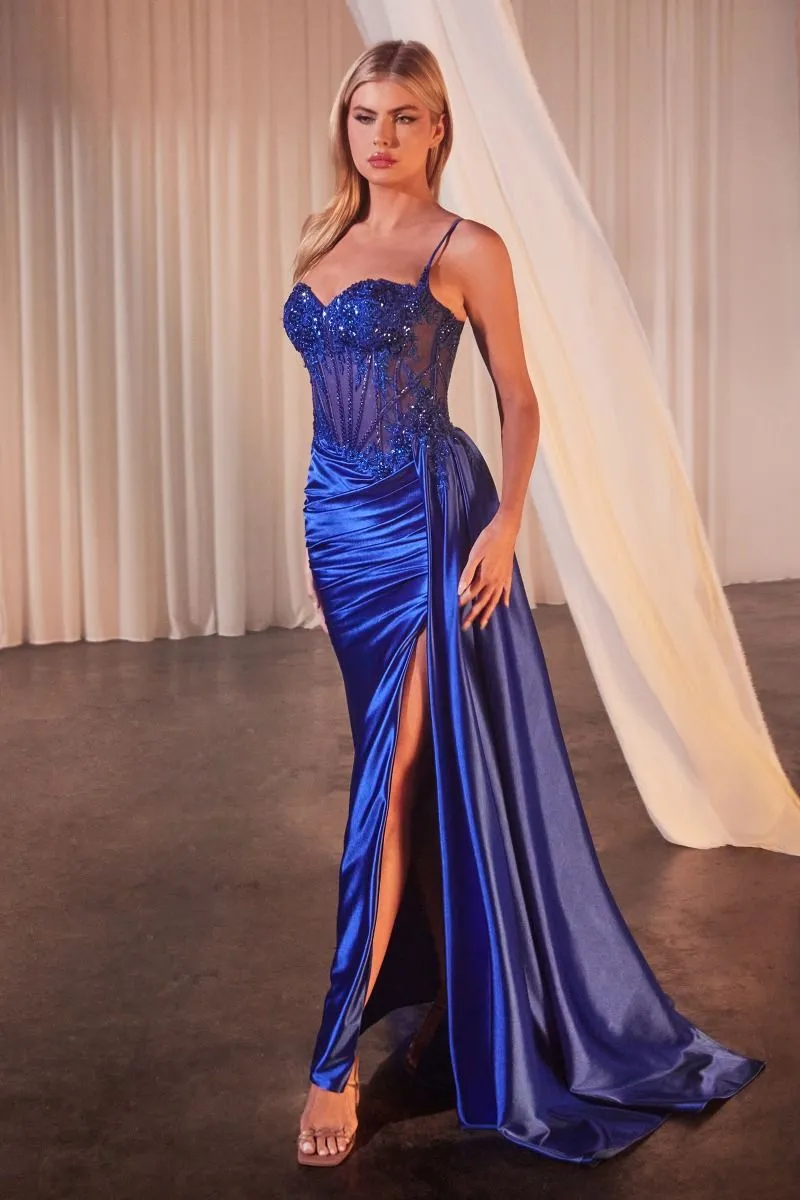 CD CD868- Stretch Satin Fit & Flare Prom Gown with Sheer Beaded Lace Embellished Corset Bodice Side Sash & Leg Slit