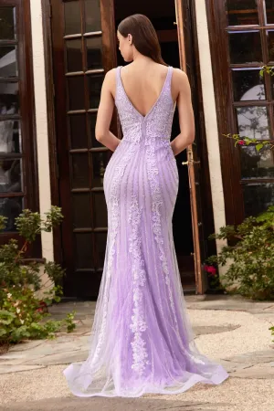 CD CD981 - Column Beaded Fit & Flare Prom Gown with Plunging Illusion V-Neck & Sheer Underarm Panels