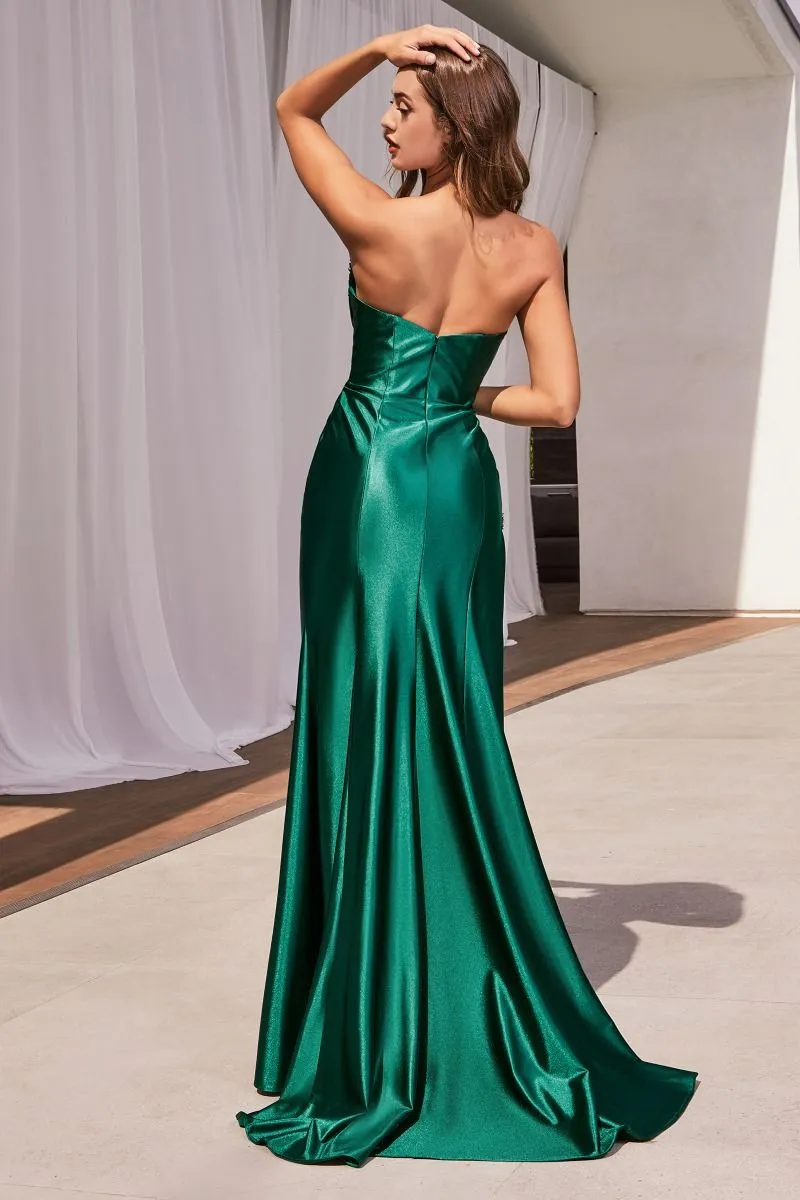 CD CDS487 - Strapless Stretch Satin Fit & Flare Prom Gown with Bead Accented Sweetheart Neck Gathered Waist & Leg Slit