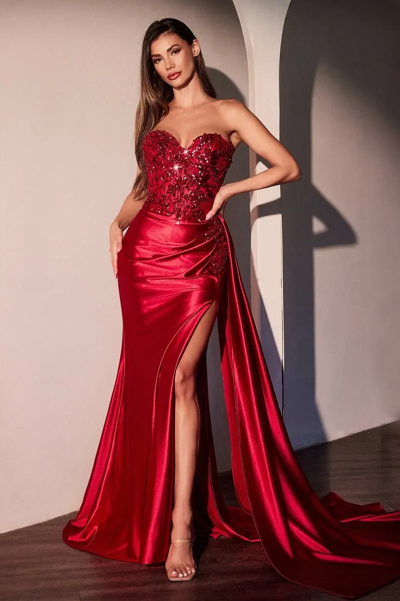 CD CDS530 - Strapless Stretch Satin Fit & Flare Prom Gown with Sheer Beaded Lace Bodice Side Sash & Leg Slit