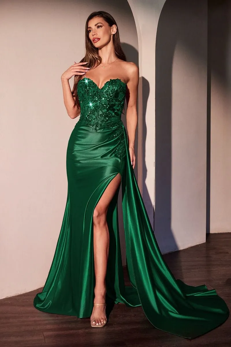 CD CDS530 - Strapless Stretch Satin Fit & Flare Prom Gown with Sheer Beaded Lace Bodice Side Sash & Leg Slit