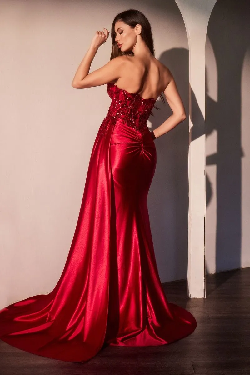CD CDS530 - Strapless Stretch Satin Fit & Flare Prom Gown with Sheer Beaded Lace Bodice Side Sash & Leg Slit