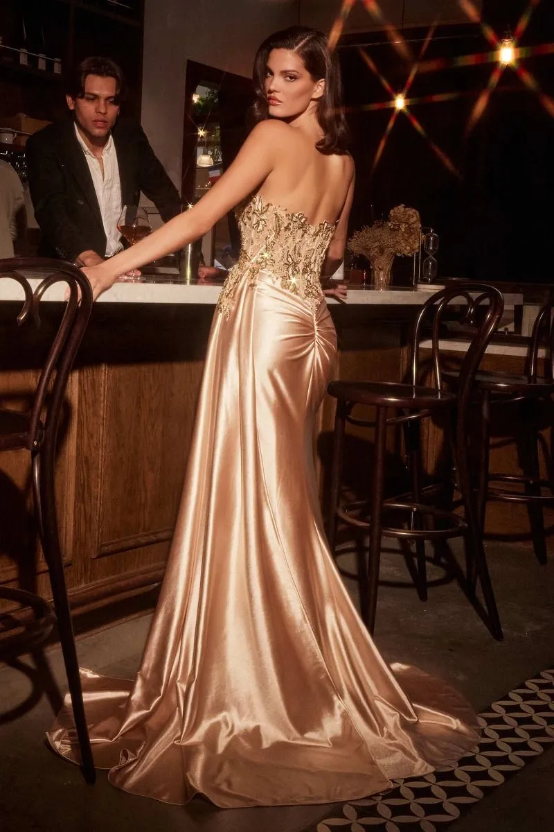 CD CDS530 - Strapless Stretch Satin Fit & Flare Prom Gown with Sheer Beaded Lace Bodice Side Sash & Leg Slit