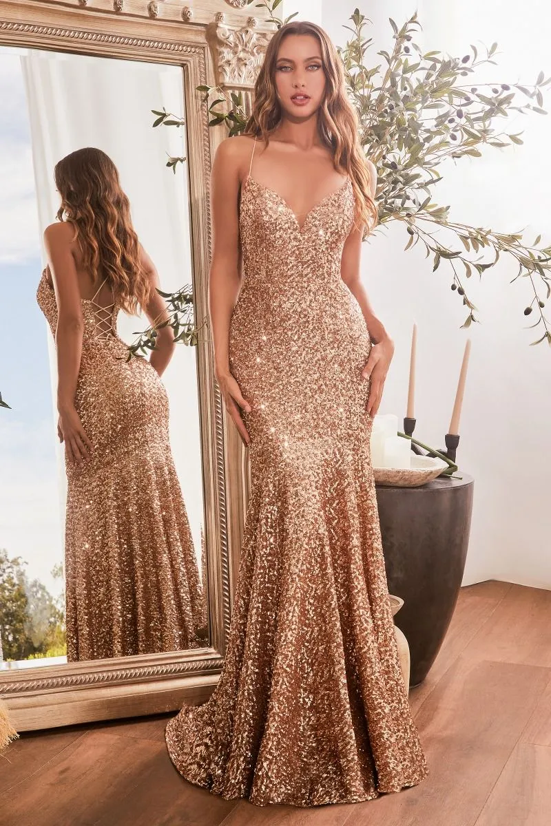 CD CH066 - Full Sequin Fit & Flare Prom Gown with V-Neck & Open Lace Up Corset Back
