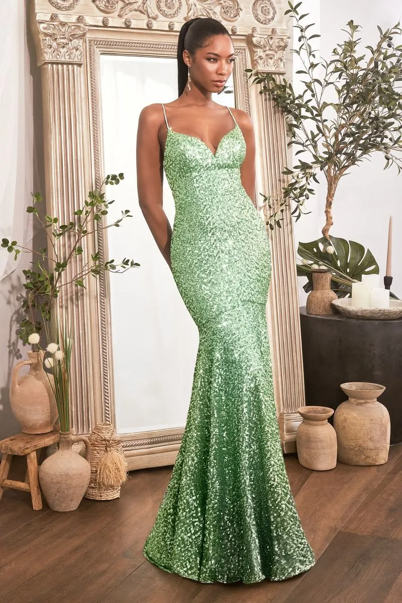 CD CH066 - Full Sequin Fit & Flare Prom Gown with V-Neck & Open Lace Up Corset Back