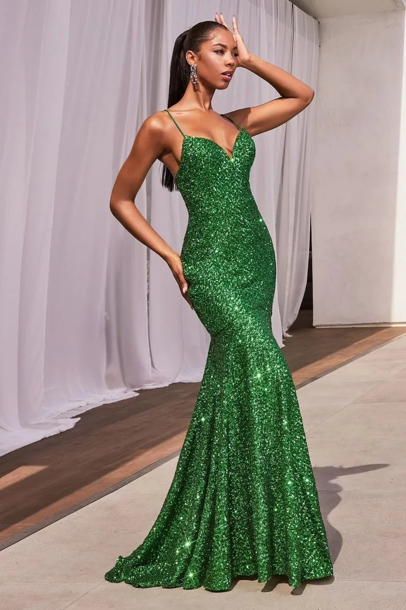 CD CH066 - Full Sequin Fit & Flare Prom Gown with V-Neck & Open Lace Up Corset Back