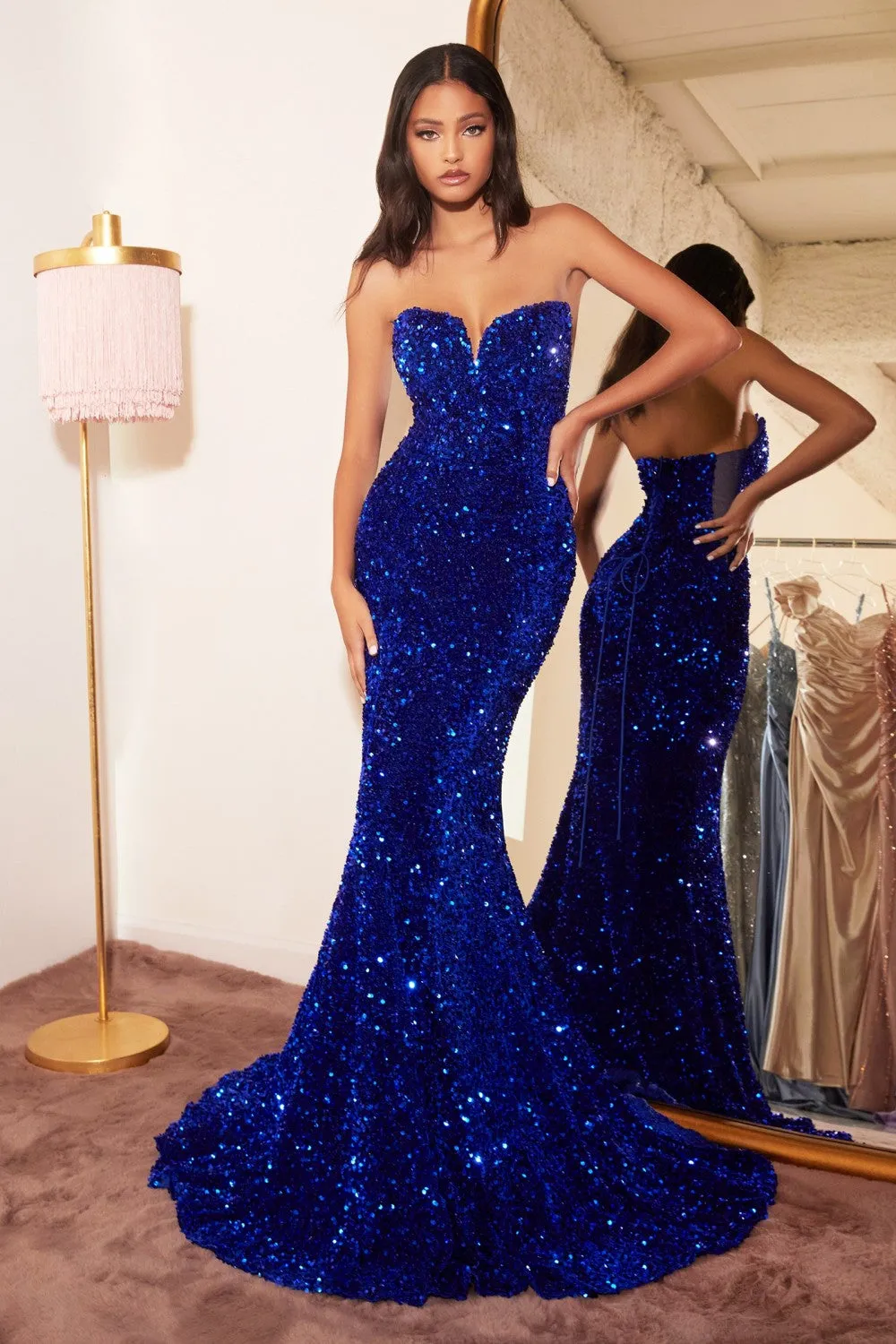 CD CH151 - Strapless Full Sequin Fit & Flare Prom Gown with Sweetheart Neck Sheer Underarms & Lace Up Corset Back