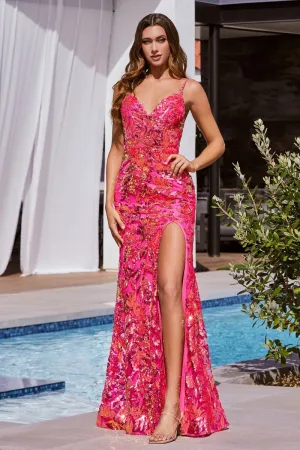 CD CM350 - Sequin Printed Fit & Flare Prom Gown with Sheer Corset Bodice Leg Slit & Lace Up Back